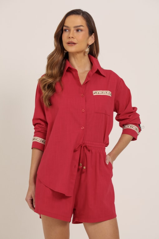 Camisa De Linho Com Aplicações E Bordados  Vermelho