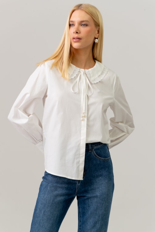 Camisa Gola Com Renda Branco