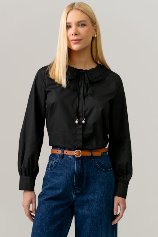Camisa Gola Com Renda Preto