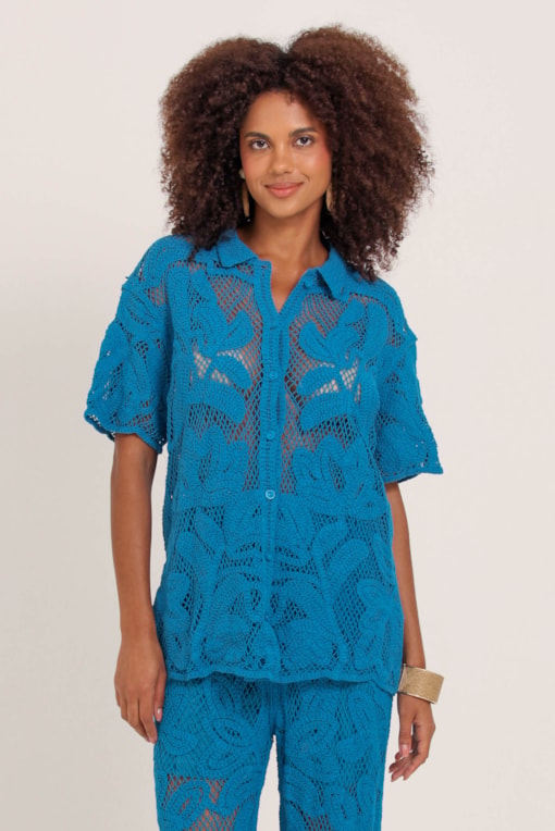 Camisa Guipir Manga Curta  Azul