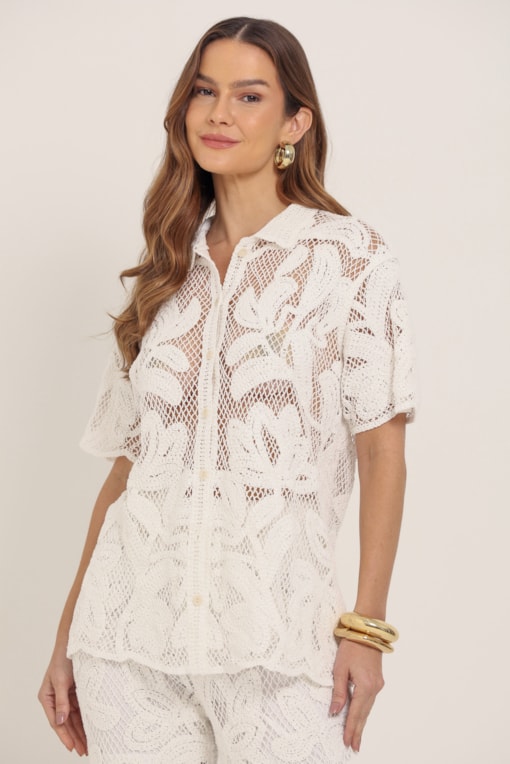 Camisa Guipir Manga Curta  Branco
