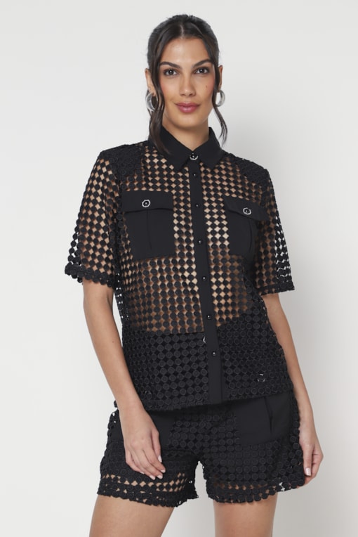 Camisa Guipure Poá Pérola  Preto