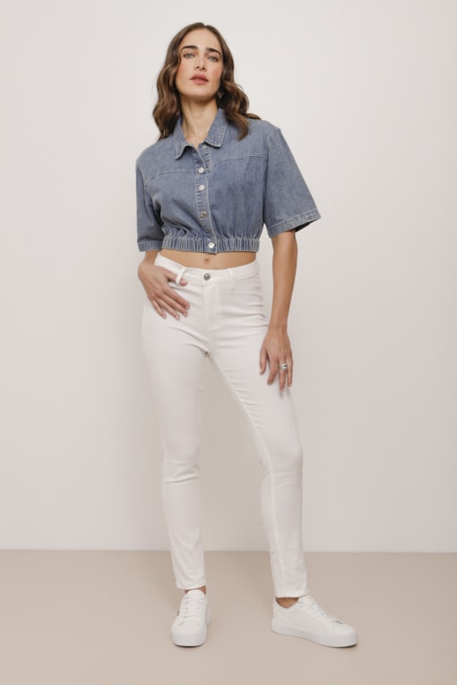 Camisa Jeans Cropped Manga Curta Azul
