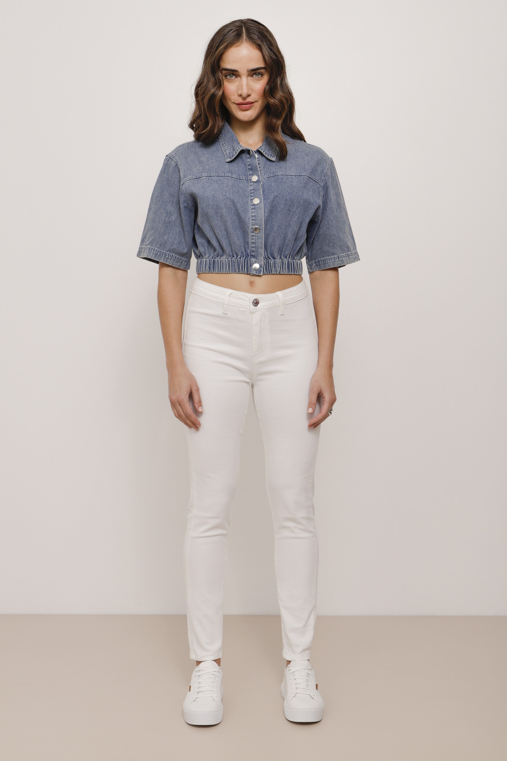 Camisa Jeans Cropped Manga Curta Azul