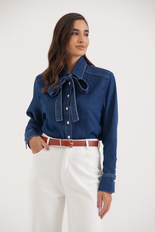 Camisa Jeans Gola Laço Jeans