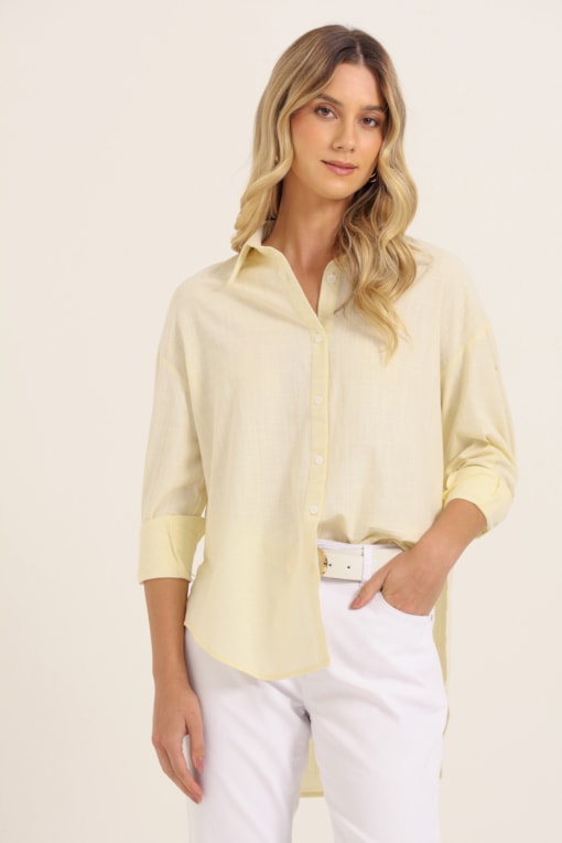 Camisa Linho Bordado Lateral Areia