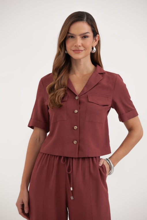 Camisa Linho Com Bolsos E Amarração Marrom