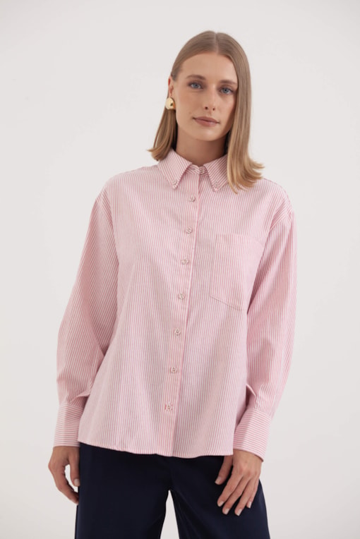 Camisa Listrada Caseado Contrastante Vermelho