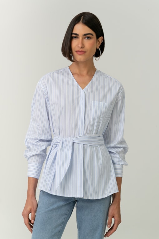 Camisa Listrada Gola Laço Azul