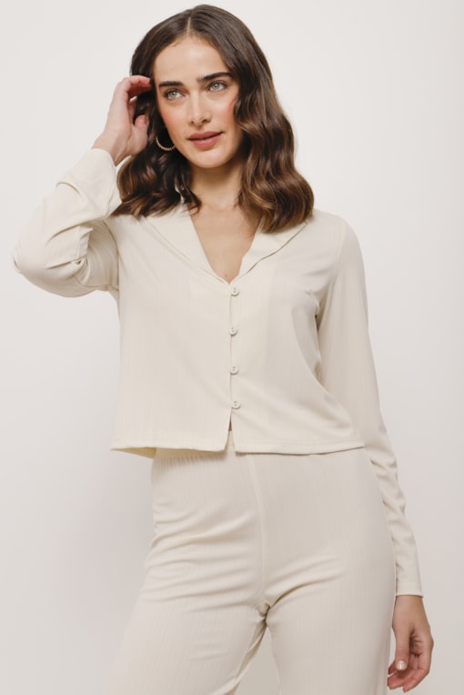 Camisa Malha Plissê Comfy Areia