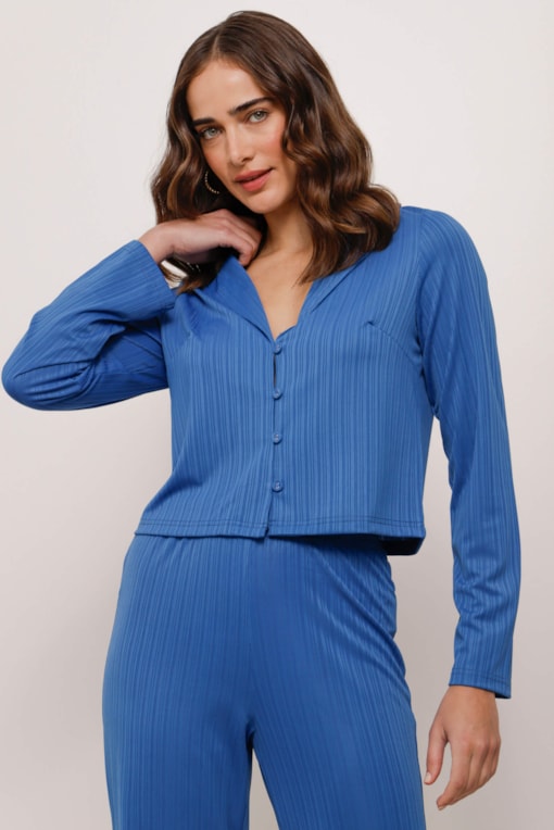 Camisa Malha Plissê Comfy Azul