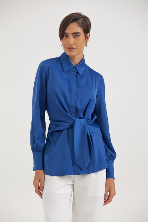 Camisa Manga Longa Acetinada Amarração Azul
