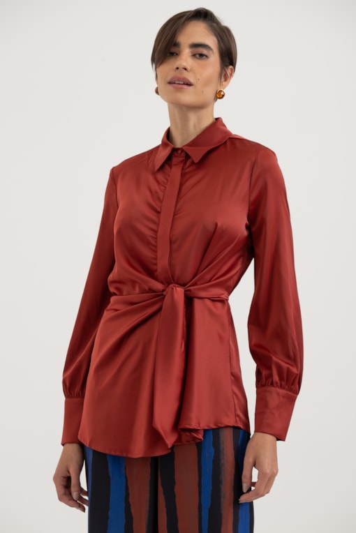 Camisa Manga Longa Acetinada Amarração Ferrugem