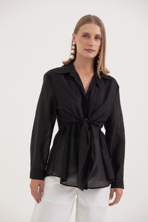 Camisa Manga Longa Amarração Frontal Preto