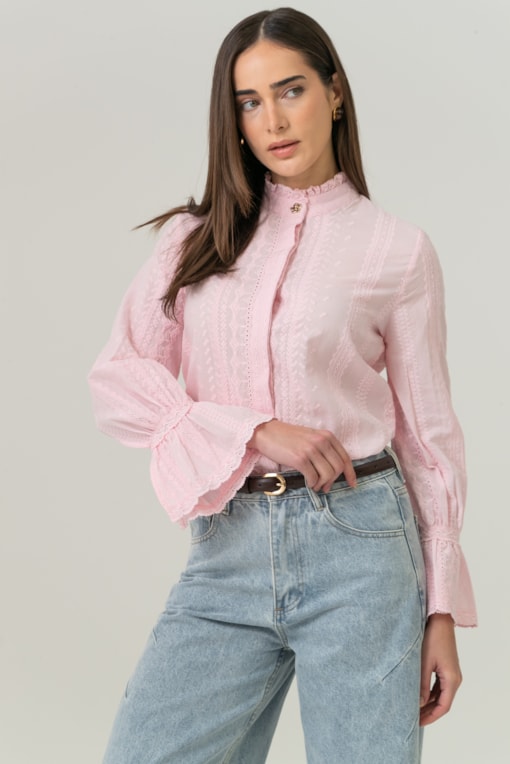 Camisa Manga Longa Bordados Rosa