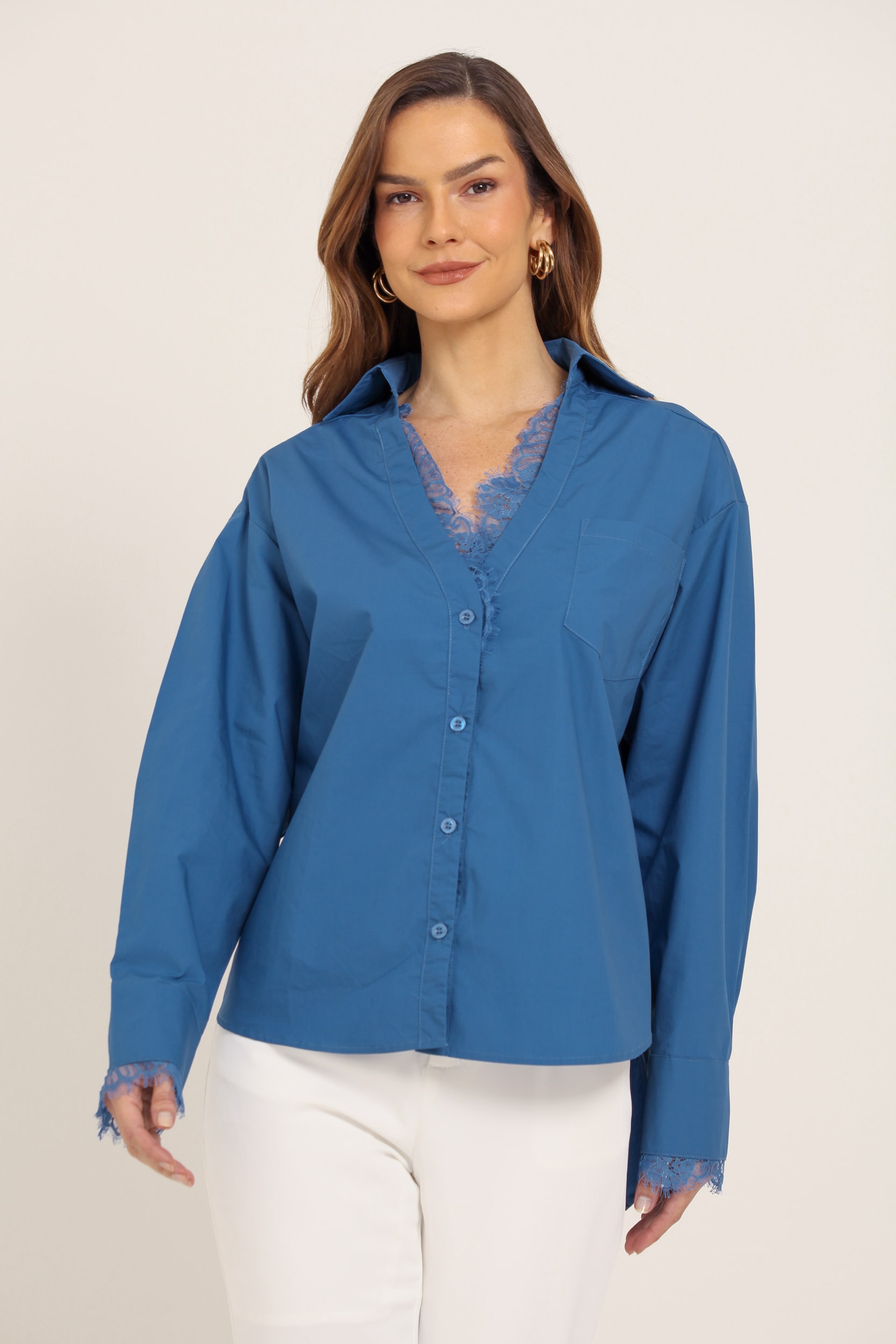 Camisa Manga Longa Decote E Punho De Renda  Azul
