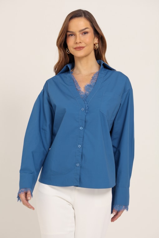 Camisa Manga Longa Decote E Punho De Renda  Azul
