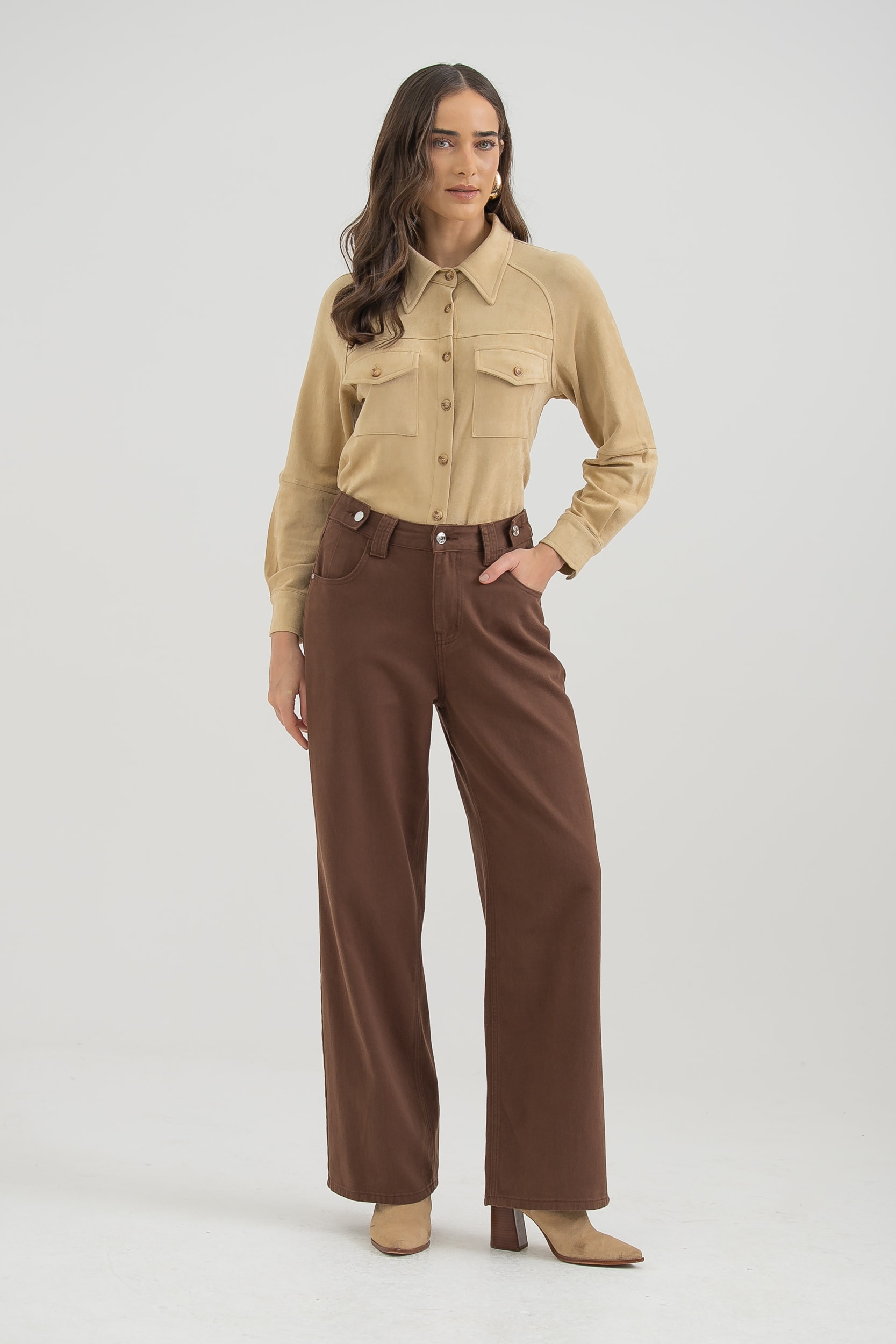 Camisa Manga Longa Em Suede Areia
