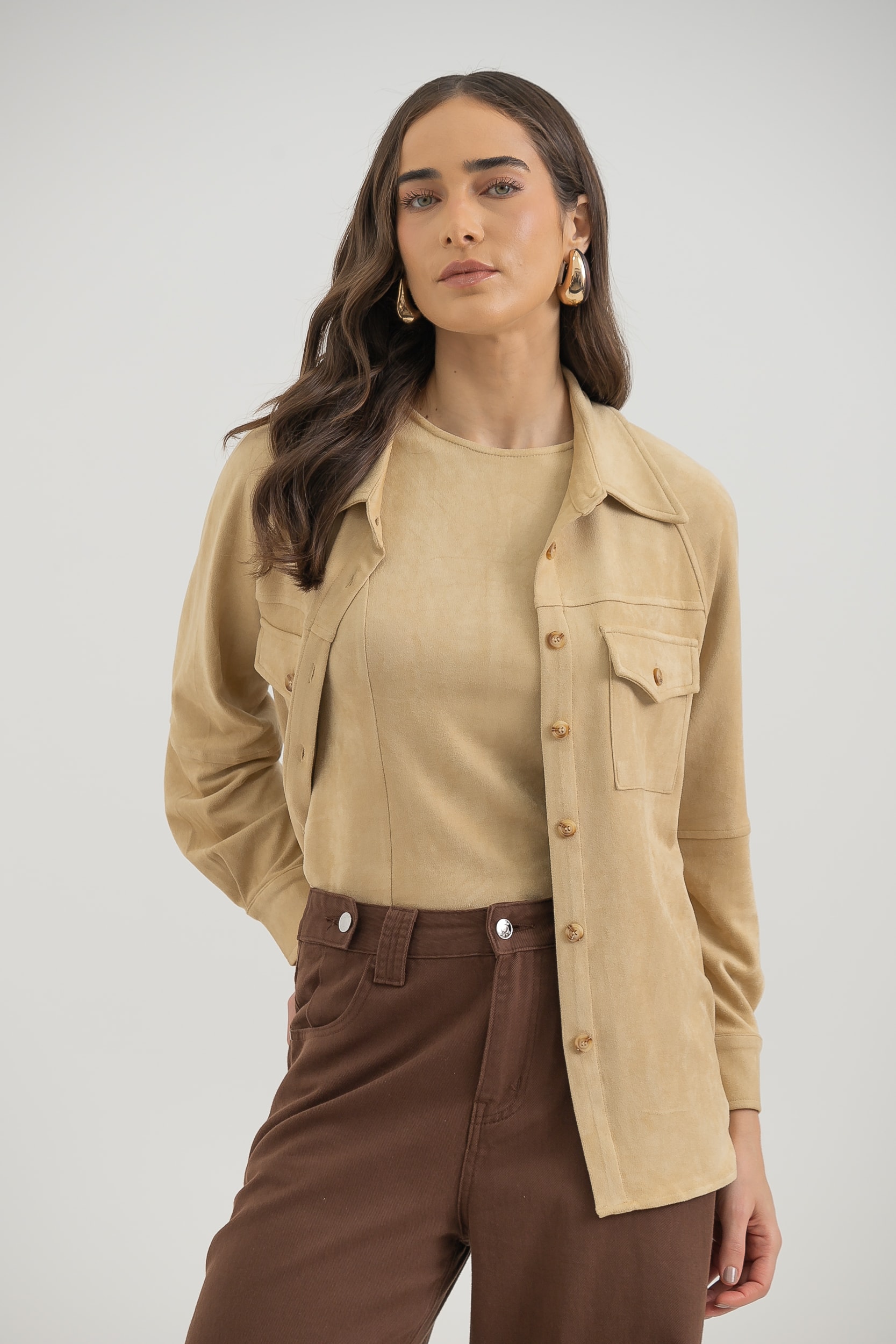 Camisa Manga Longa Em Suede Areia