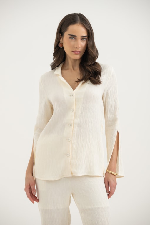 Camisa Manga Longa Tecido Amassadinho Com Faixa Off-white