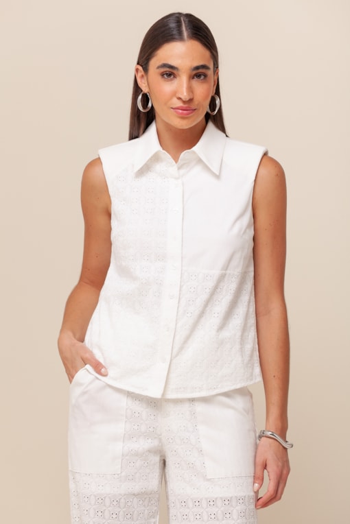 Camisa Sem Mangas Laise com Detalhe de Bolso Branco