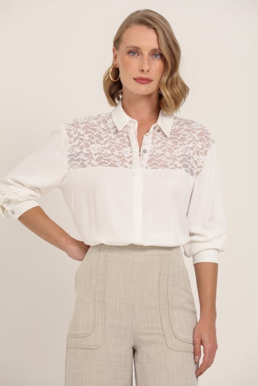 Camisa Social Com Detalhe Em Renda Branco