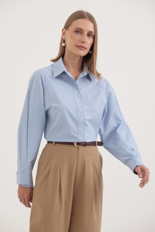 Camisa Tricoline Botões De Pressão Azul