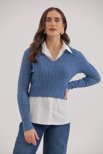 Camisa Tricoline Com Suéter Sobreposição Azul