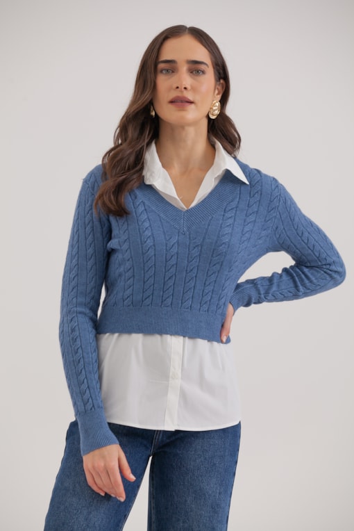 Camisa Tricoline Com Suéter Sobreposição Azul