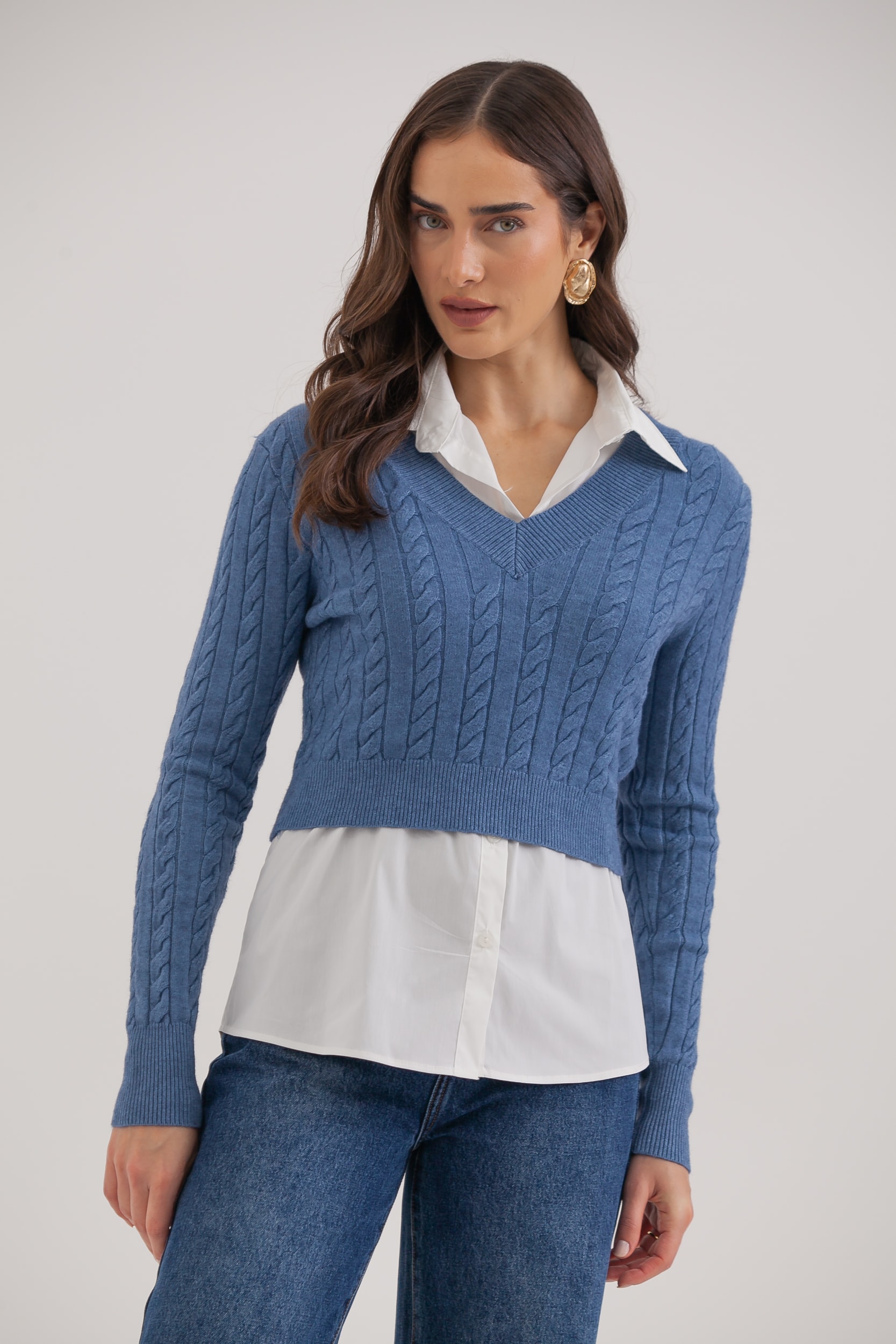 Camisa Tricoline Com Suéter Sobreposição Azul