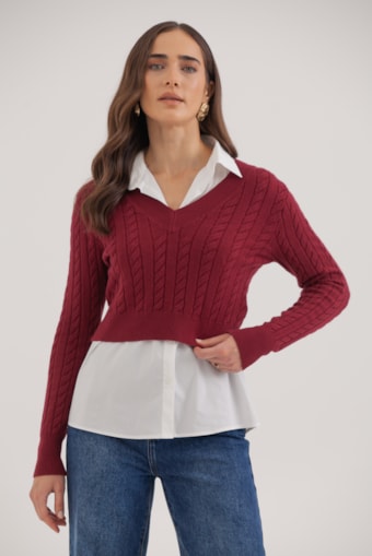 Camisa Tricoline Com Suéter Sobreposição Vinho