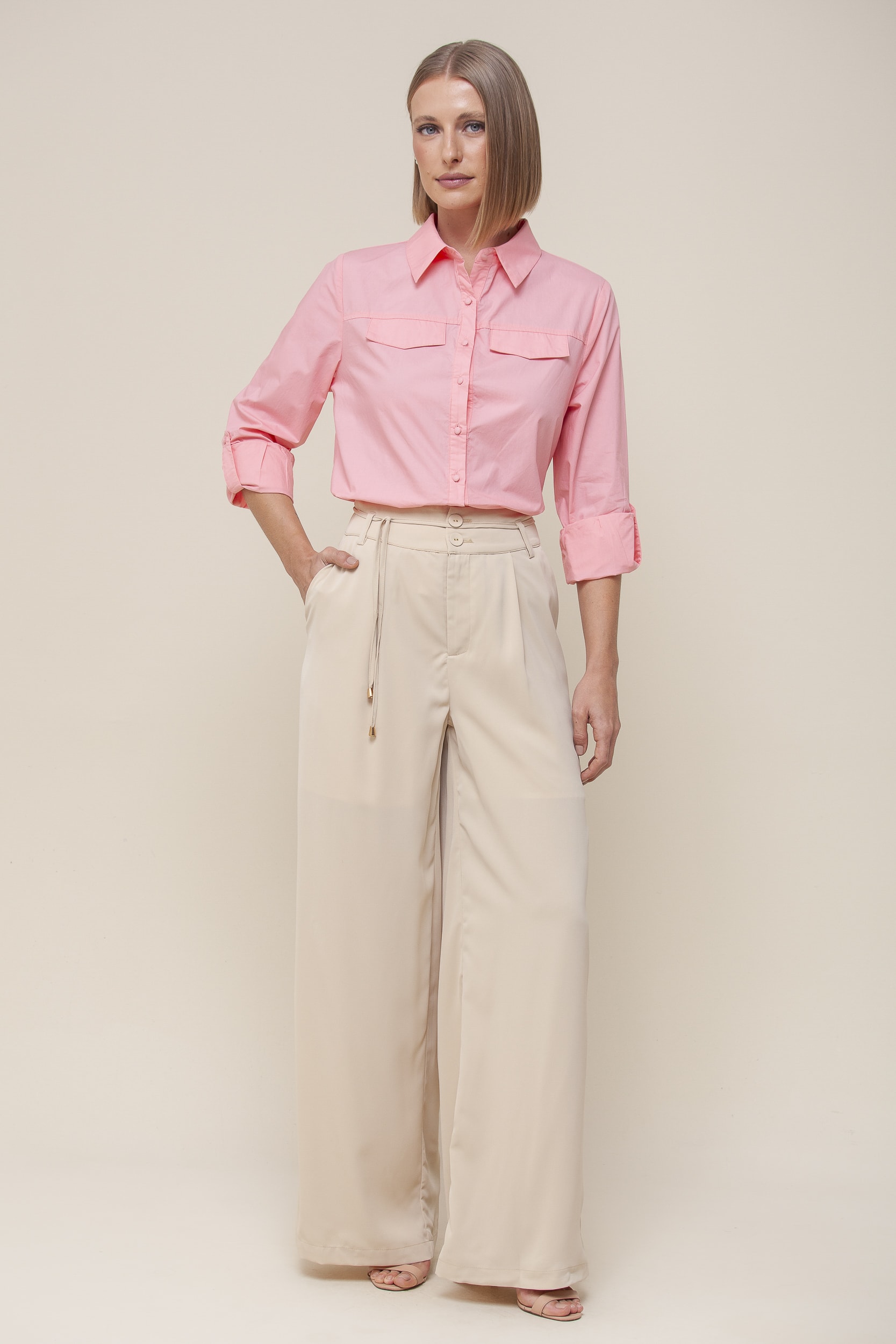 Camisa Tricoline Manga Longa  Rosa blush
