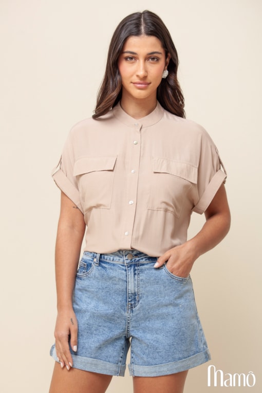 Camisa Viscose Manga Curta Bege
