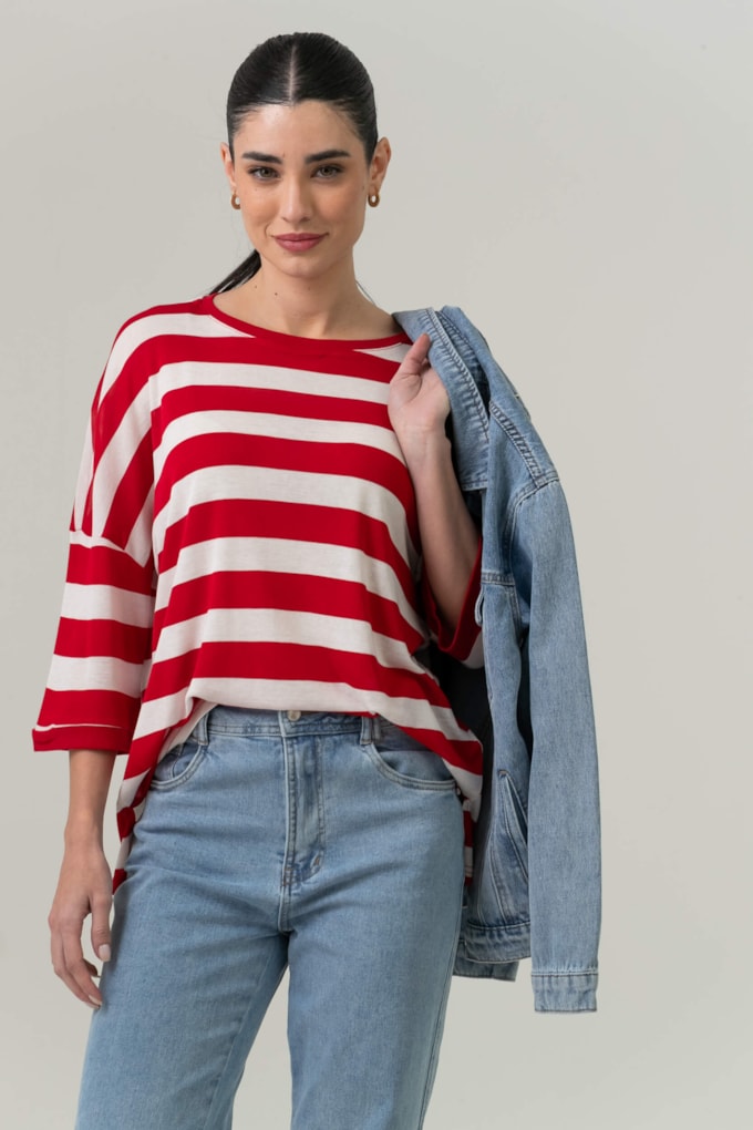 Camiseta Ampla Listrada Vermelho