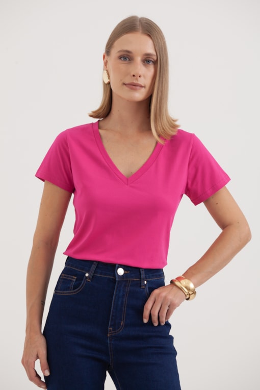 Camiseta Basic Decote V  Fúcsia