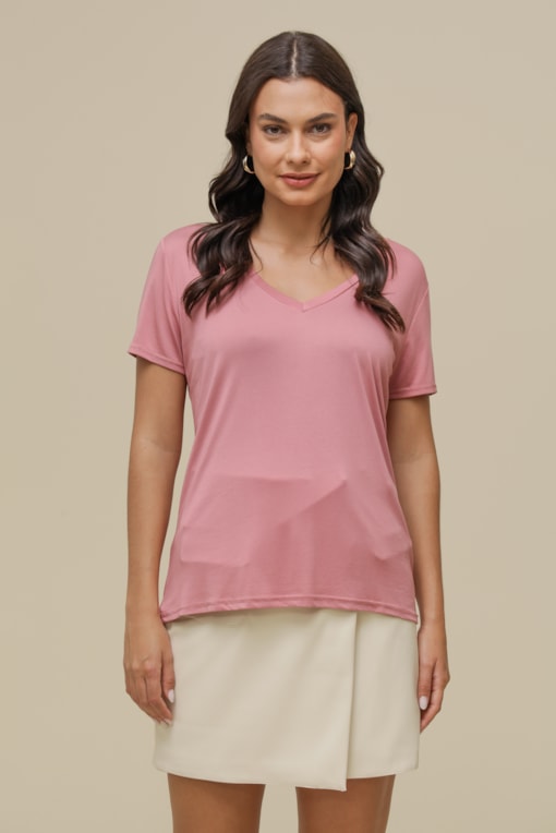 Camiseta Basic Decote V Rosê