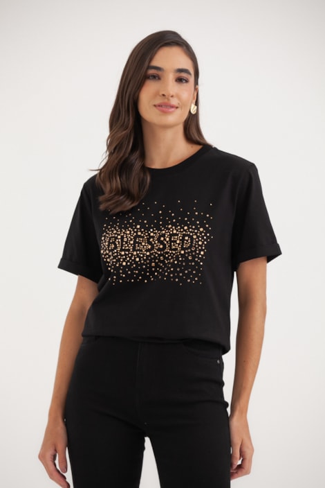 Camiseta Blessed Brilhos Dourados Preto