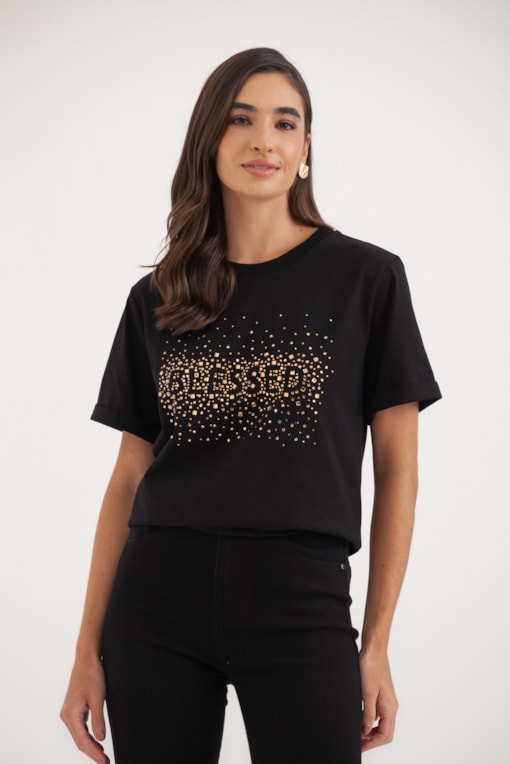Camiseta Blessed Brilhos Dourados Preto