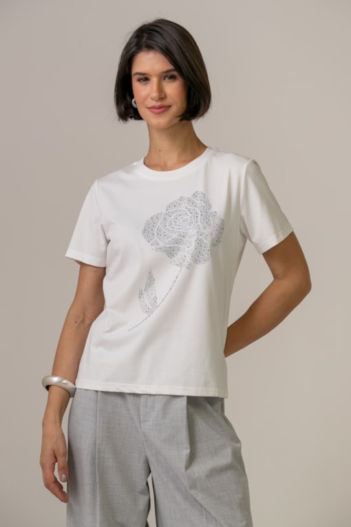 Camiseta Bordado Flor Off-white
