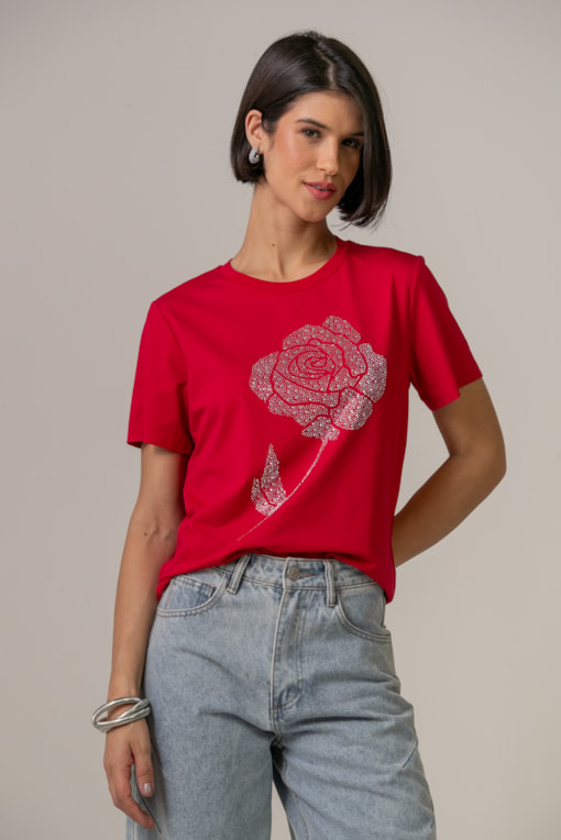 Camiseta Bordado Flor Vermelho