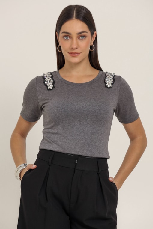 Camiseta Detalhe Brilhante Ombros Mescla