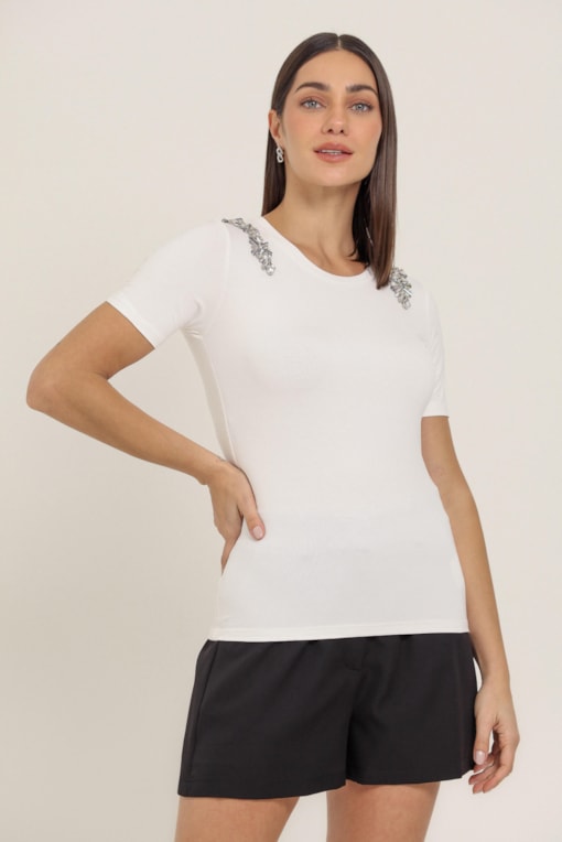 Camiseta Detalhe Brilhante Ombros Off-white