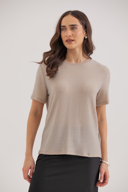Camiseta Lurex E Mini Strass Bege