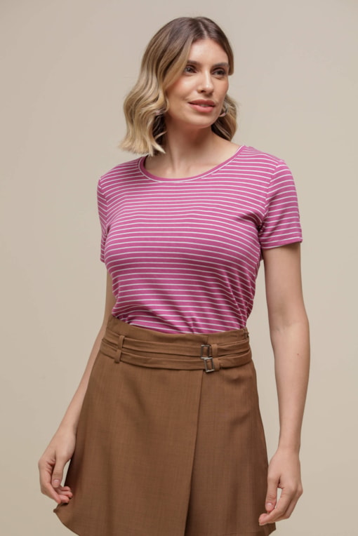 Camiseta Malha Listras  Rosa