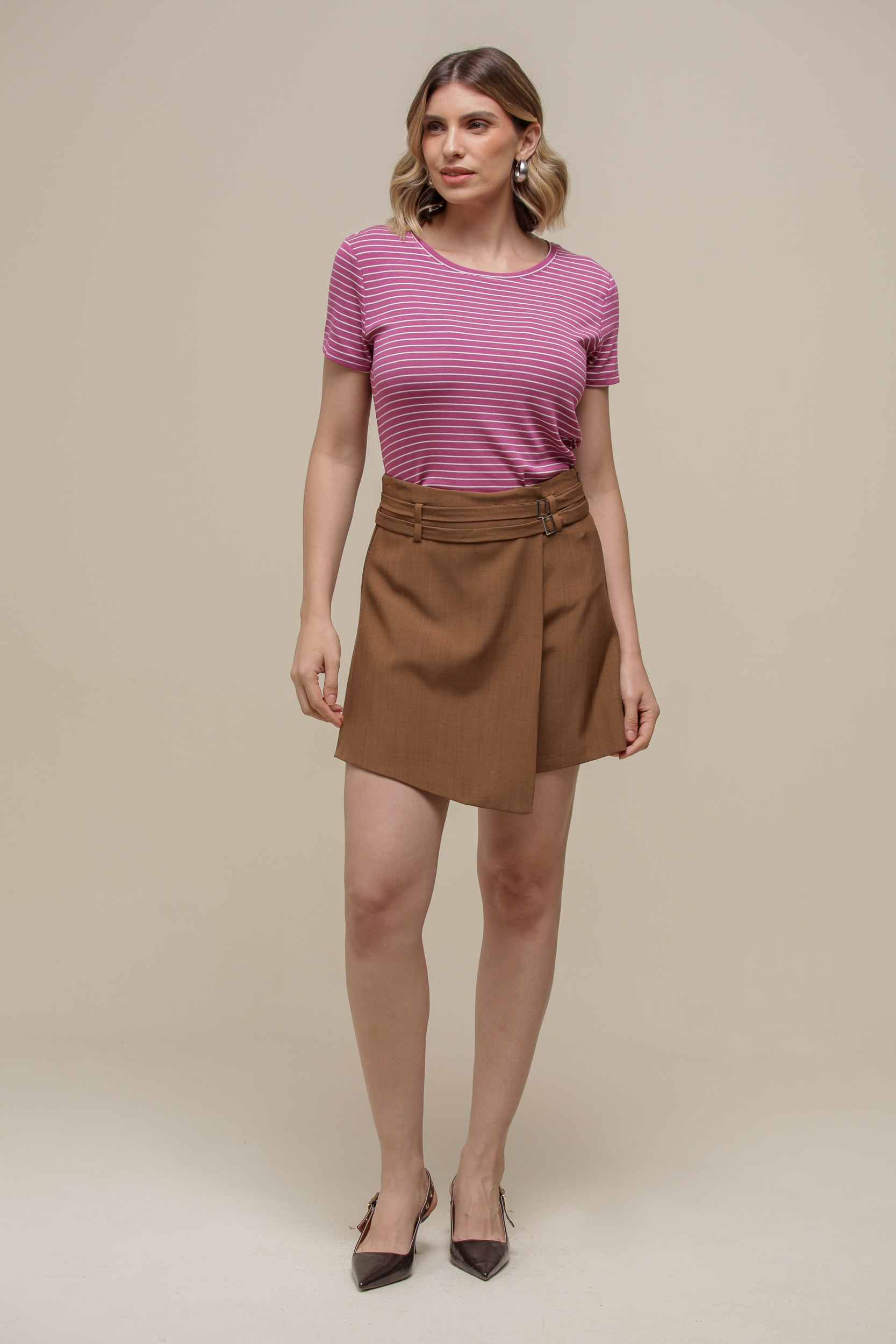 Camiseta Malha Listras  Rosa