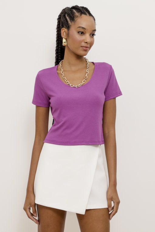 Camiseta Rib Cropped Decote U Roxo 