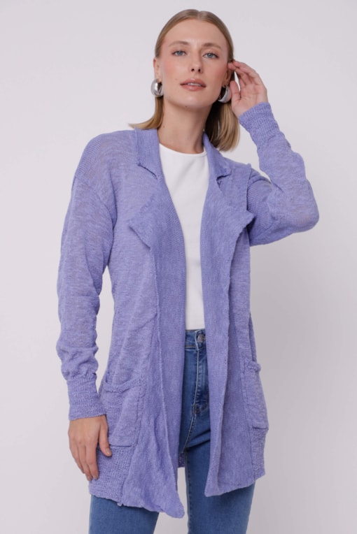Cardigan Alongado Tricot Flamê Lilas