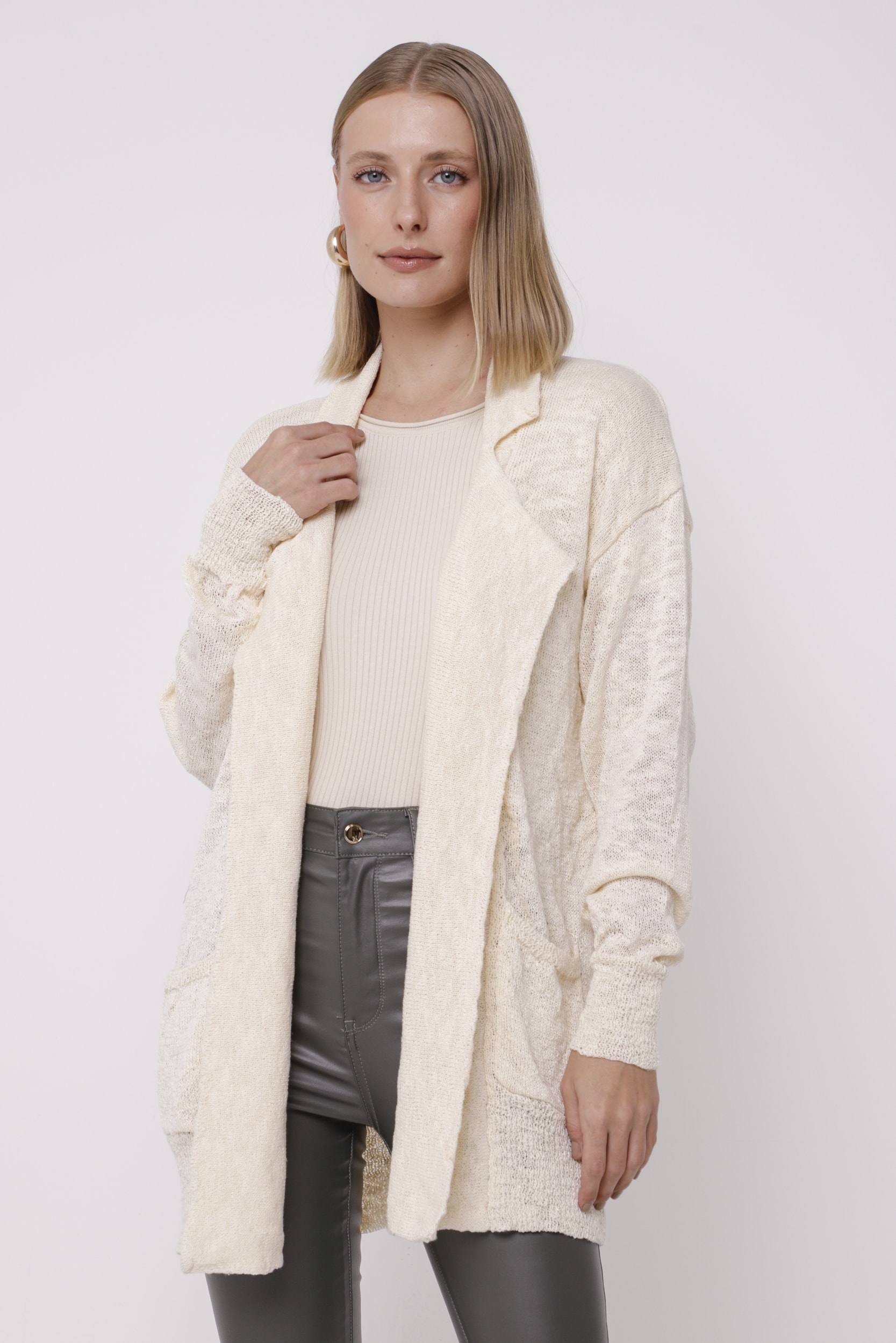 Cardigan Alongado Tricot Flamê Off-white