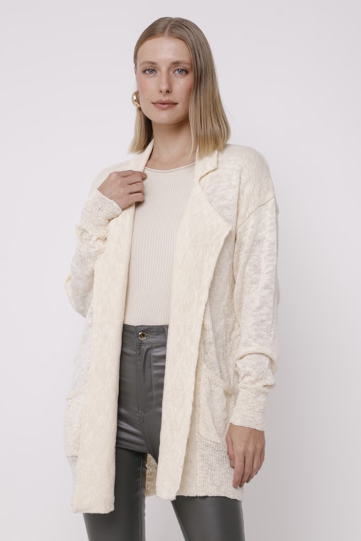 Cardigan Alongado Tricot Flamê Off-white