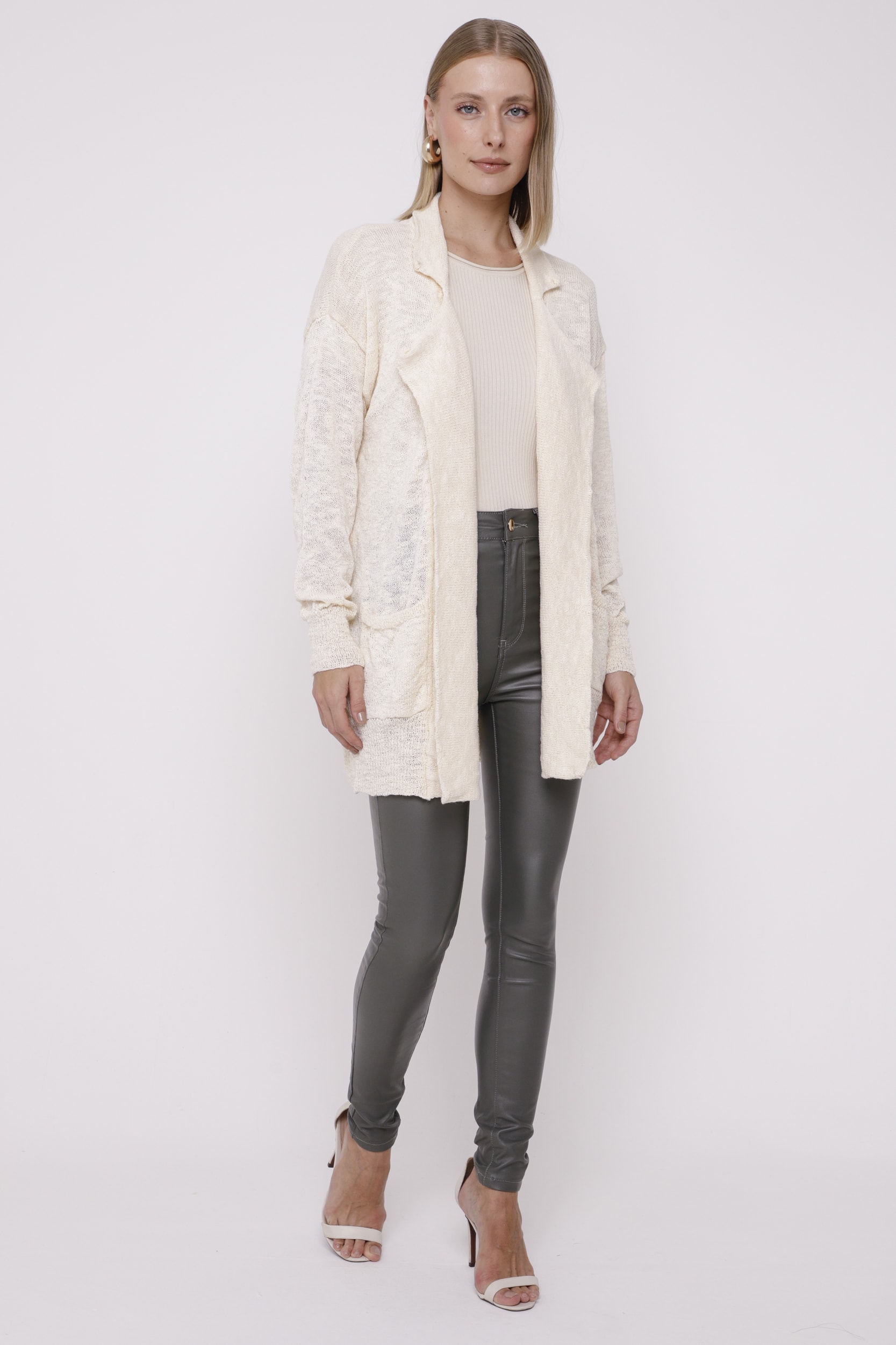 Cardigan Alongado Tricot Flamê Off-white